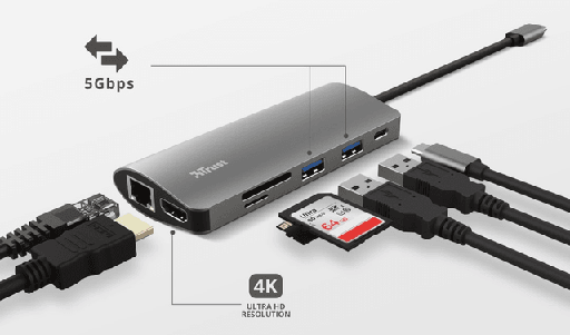 [8713439237757] Puerto HUB Trust Dalyx Adaptador 7 en 1 USB-C USB HDMI SD Card Micro SD Ethernet